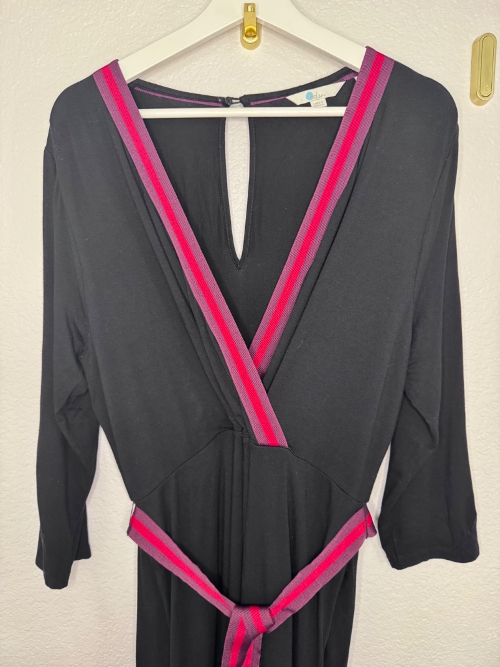 Boden Jessica Jersey Wide Leg Jumpsuit Black Burgundy Ribbon Trim 16R